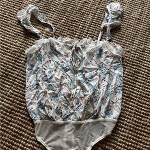 Free People Floral Lace Bodysuit - White and Blue